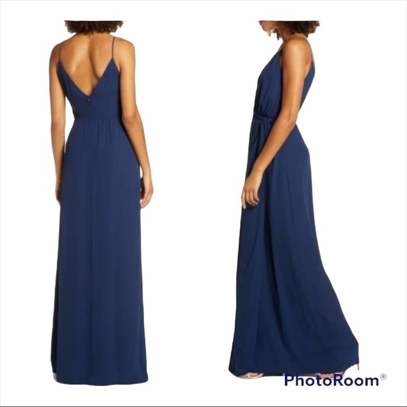 NWT WAYF Navy Blue Faux Wrap Wynona V Neck Maxi Gown Dress Size Large - Picture 3 of 8